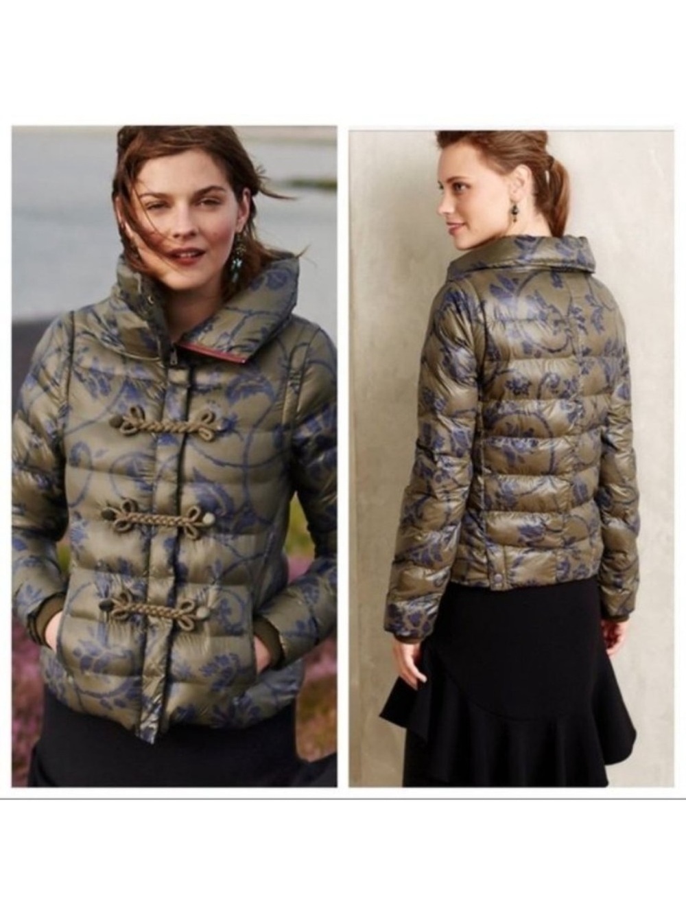 Anthropologie Pilcro Convertible Puffer Jacket Green Floral Quilted Toggle